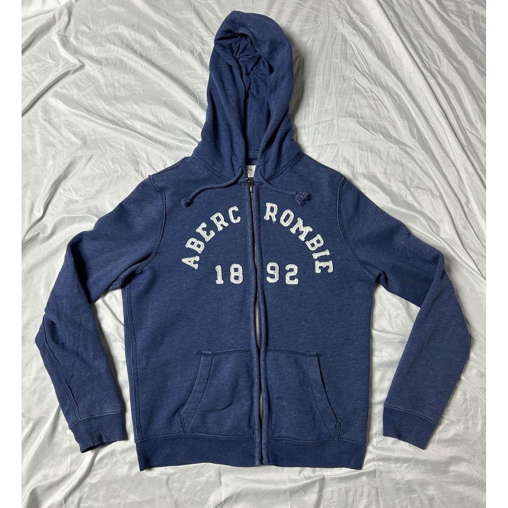 Abercrombie & Fitch Mens Full Zip Hoodie Blue Applique Logo Sweatshirt Medium - Picture 7 of 13